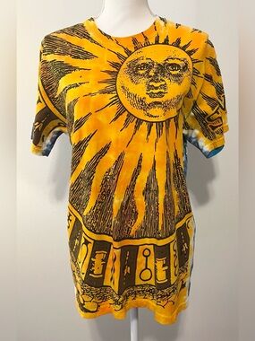 Liquid Blue Retro Y2K Celestial Sun and Moon All Over Graphic Tee Shirt. Size M